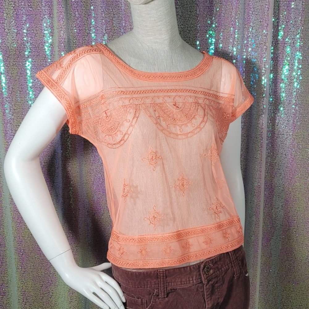Gudi Neon Orange Sheer Mesh Embroidered Overlay Short Sleeve Size S